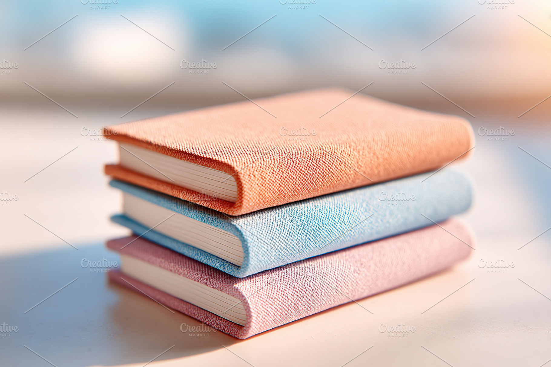 Colorful stacked notebooks on a table beside a window during bright daylight, a Photo by AlyaAnd
