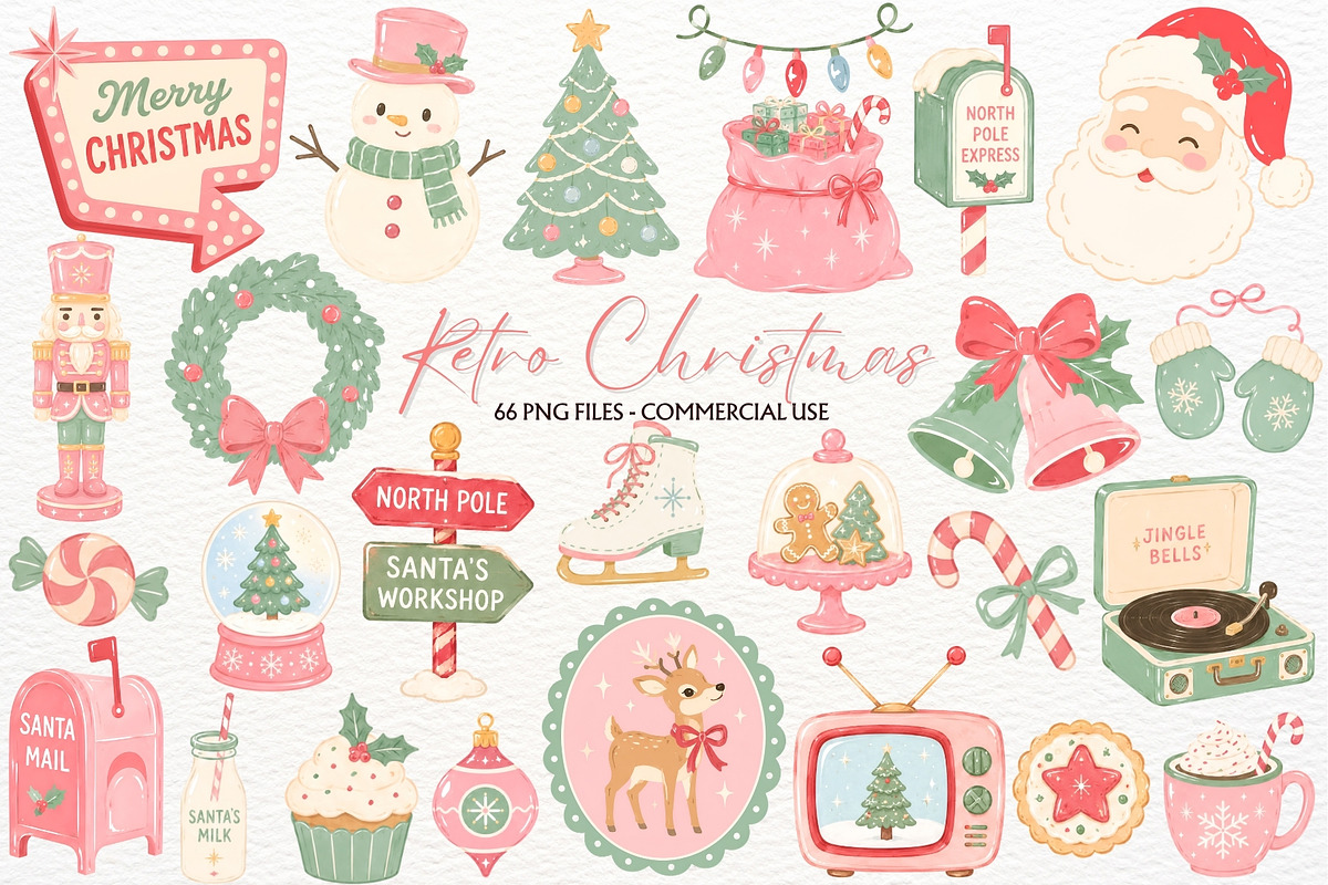 Retro Christmas Clipart Holiday PNG, a Seasonal Illustration by SugarCloudStudioArt (Photo 1 of 7)