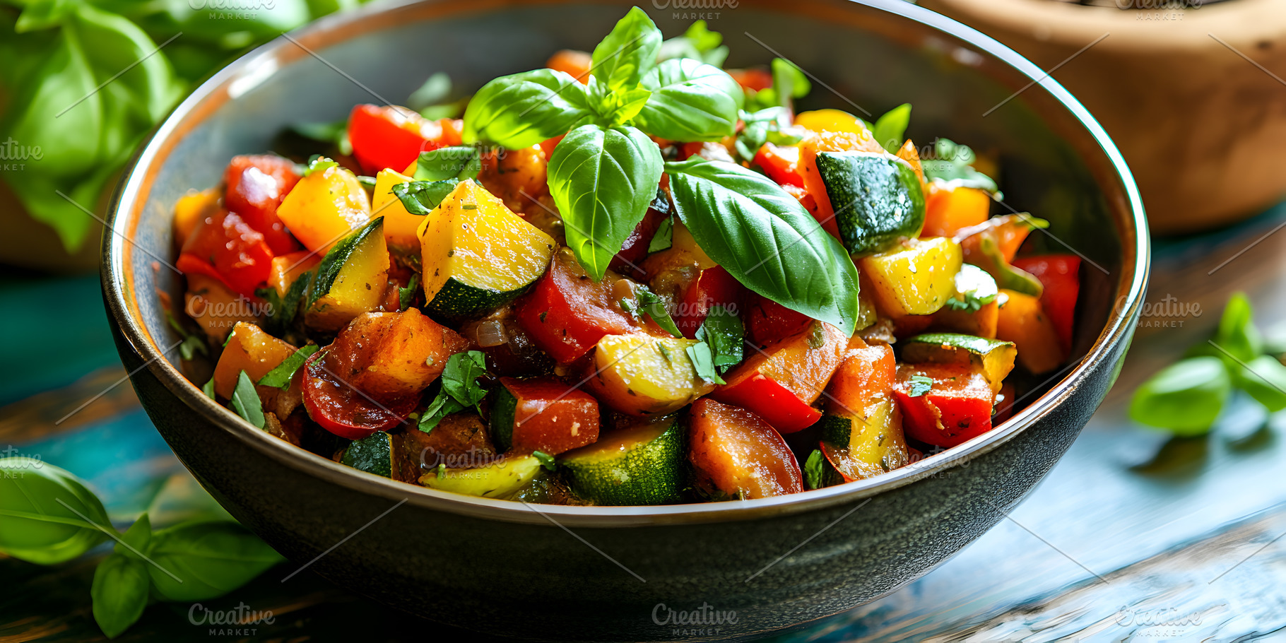 Colorful vegetable ratatouille with basil, a Food & Drink Photo by Photostock