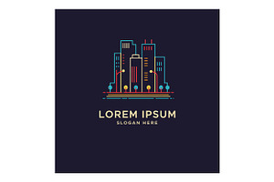 Urban skyline with colorful neon lig, an Illustration by designvectx