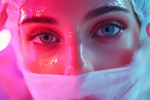 Close-up of a esthetic technologist woman's face with striking blue and brown e, a Person Photo by Textures & Backgrounds
