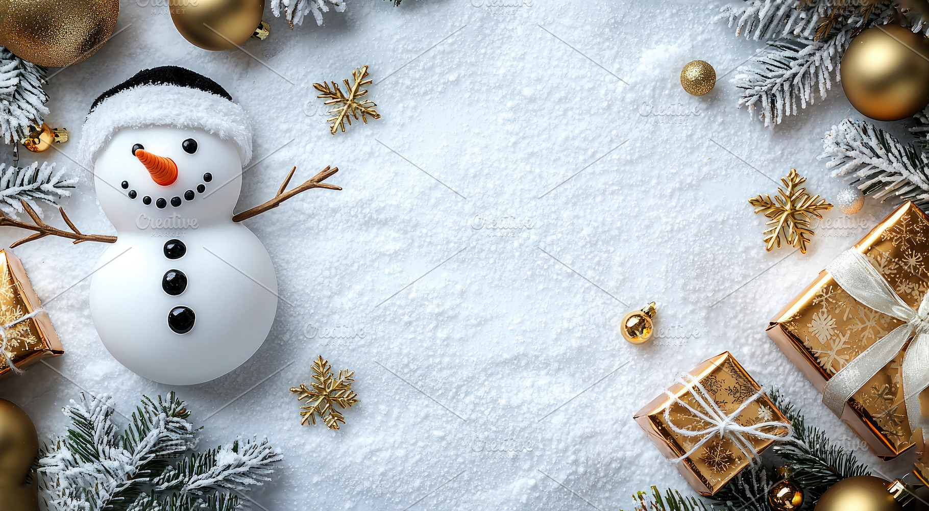Festive snowman with gold Christmas decorations, gifts, and snow, an Animal Photo by José Manuel Gelpi
