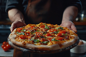 Male chef with hot pizza in restaurant, a Food & Drink Photo by AlyaAnd