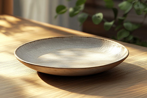 Warmly lit plate placed on a wooden table with a soft background of greenery, a Food & Drink Photo by AlyaAnd