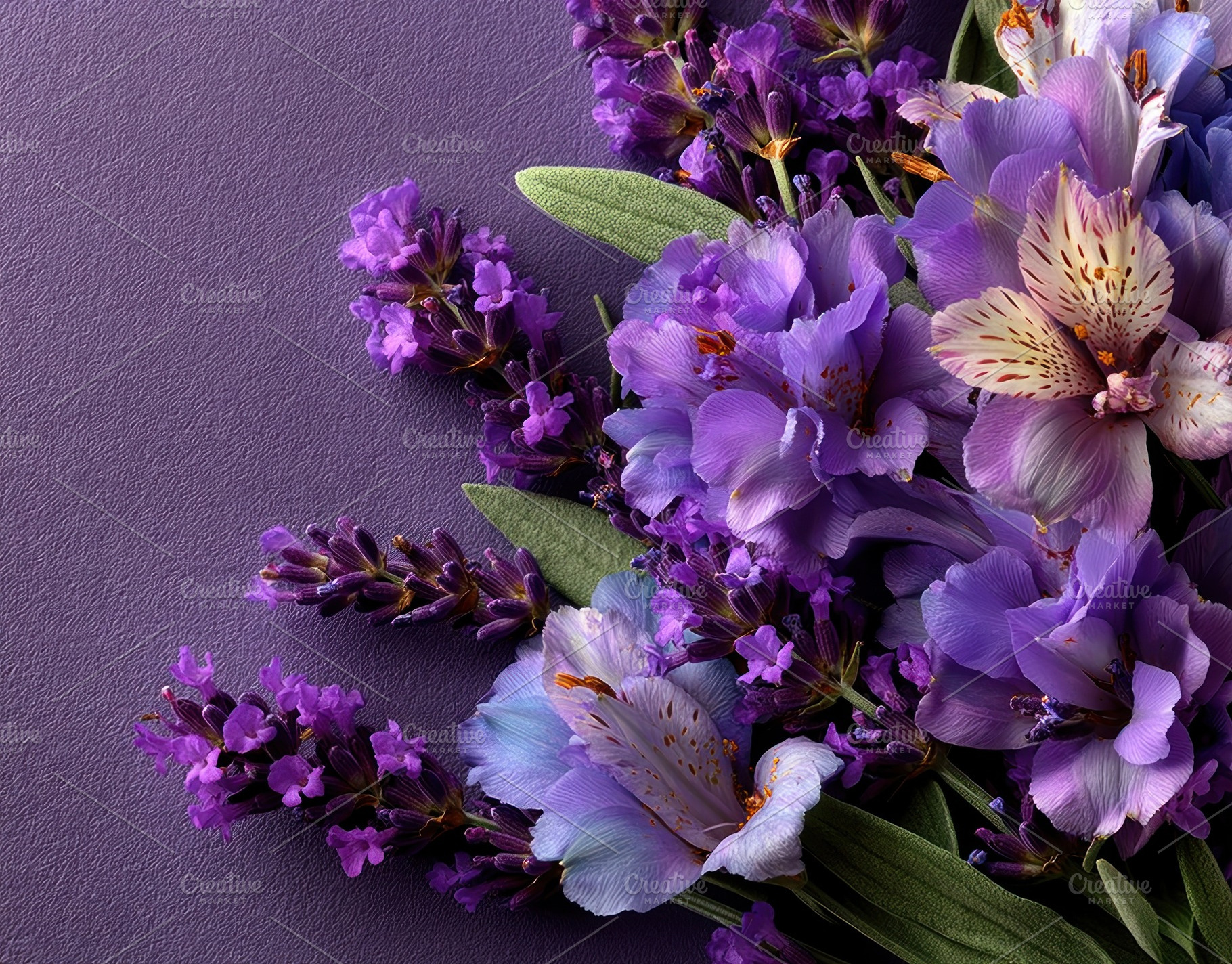 Elegant arrangement of lavender and alstroemeria flowers on text, a Nature Photo by José Manuel Gelpi