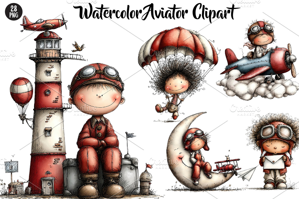 Watercolor Aviator Clipart, a Seasonal Illustration by CreationArt (Photo 1 of 5)