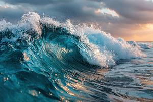 Majestic Ocean Wave Crashing Sunset, a Photo by Pixeness Studio