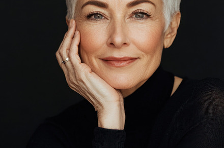Elegant woman with short white hair