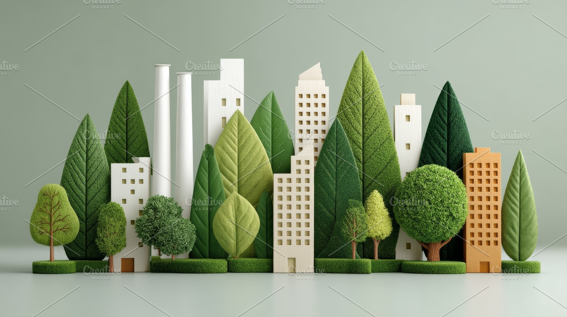 Eco business concept with sustainable green city of wooden buildings and large, a Photo by AS photostudio