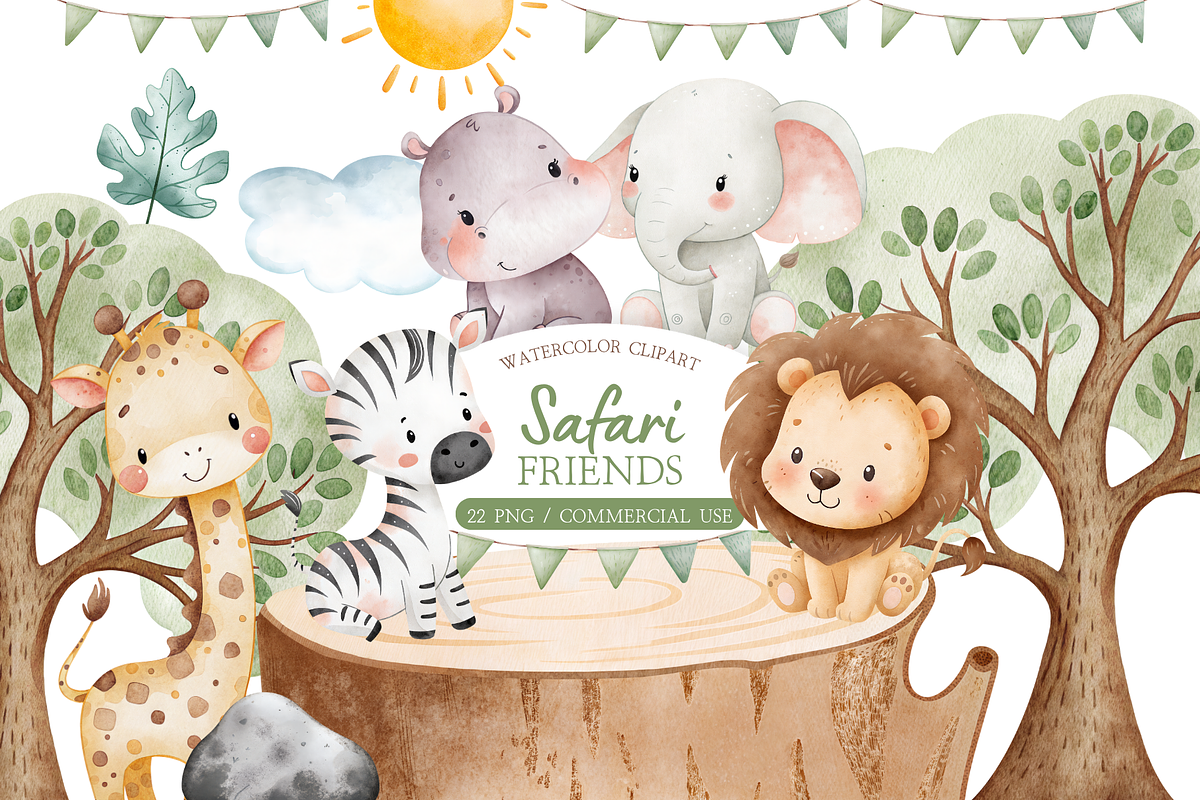 Safari Friends Watercolor Clipart, an Illustration by MockupWizard (Photo 1 of 4)