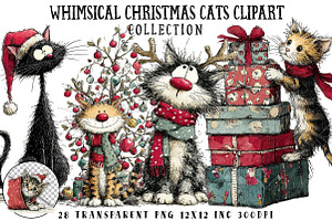 Whimsical Christmas Cats Clipart, an Illustration by OK Design