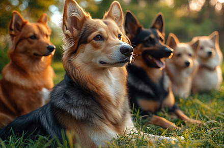 Border collie dogs lying on a green grass, are ready for training, an Animal Photo by AlyaAnd