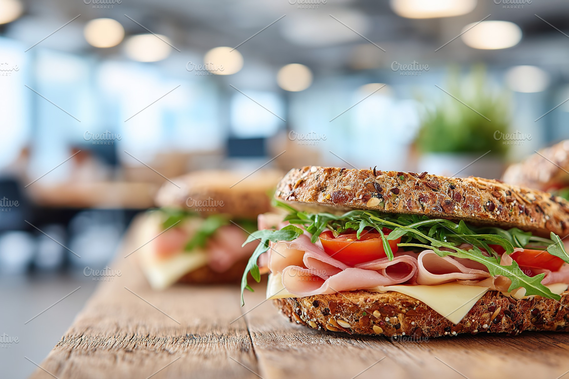 Delicious sandwiches featuring brie, arugula, and tomato served in a modern caf, a Food & Drink Photo by AlyaAnd