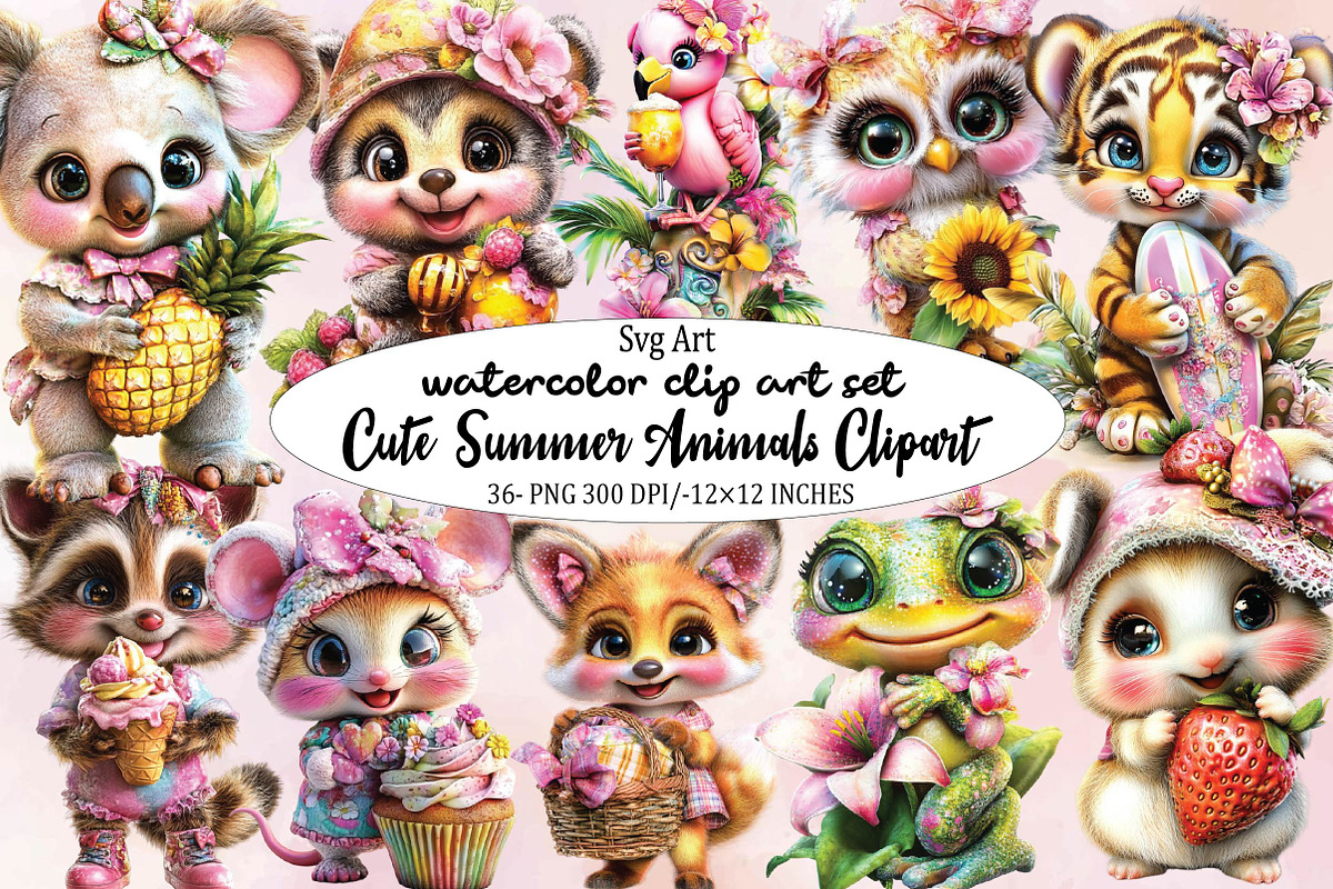 Cute Summer Animals Clipart Bundle., an Illustration by SVGArt (Photo 1 of 9)