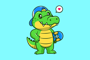 Cute Crocodile Holding Skateboard, an Animal Illustration by Catalyst Labs