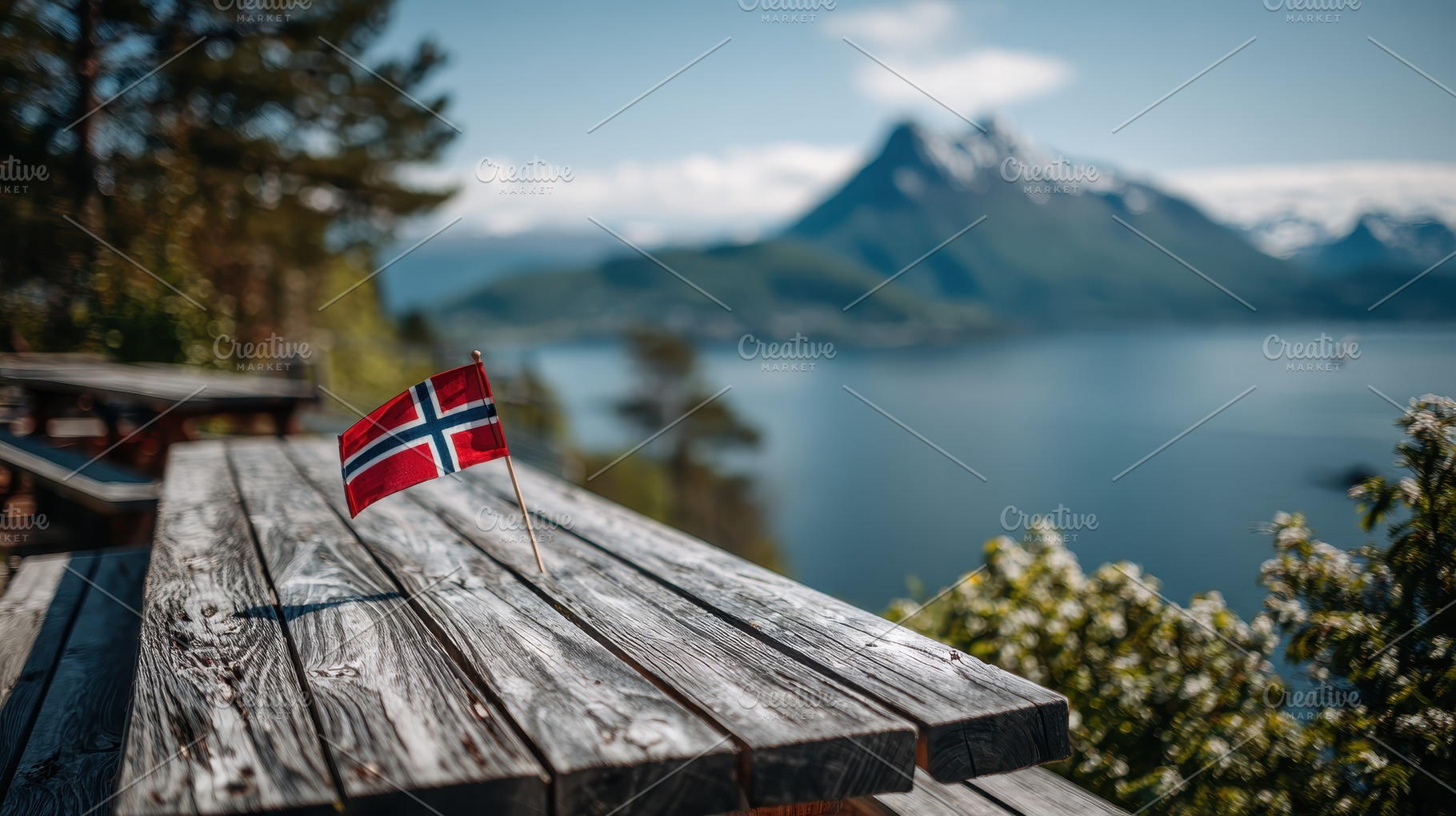 Norwegian flag on wooden table sceni, a Photo by Pixeness Studio