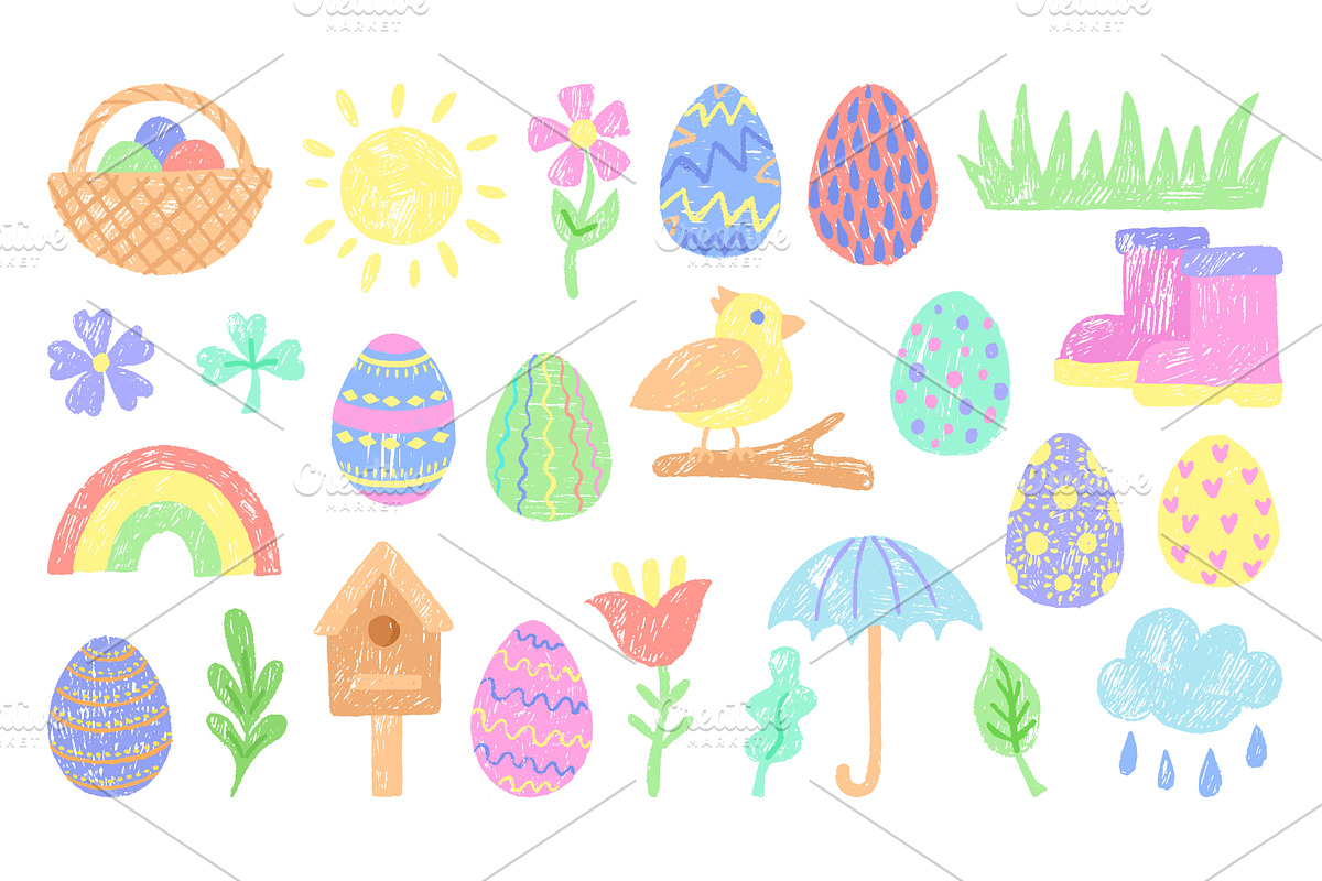 Crayon drawing spring elements, an Illustration by Valerie Bodnar