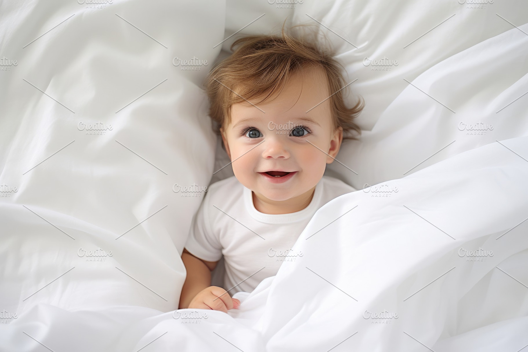 Cute little baby lying on white bedd, a Photo by Iftikhar Alam