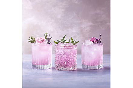 Three elegant pink cocktails with, a Food & Drink Photo by Lermont51