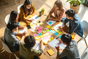 Young professionals engaged in a brainstorming session around a, a Business Photo by DanFLCreativo