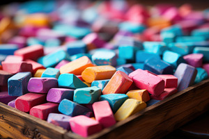 Vibrant Array of Colorful Chalk Pastels in a Wooden Tray, Perfect for Art and E, a Photo by AS photostudio