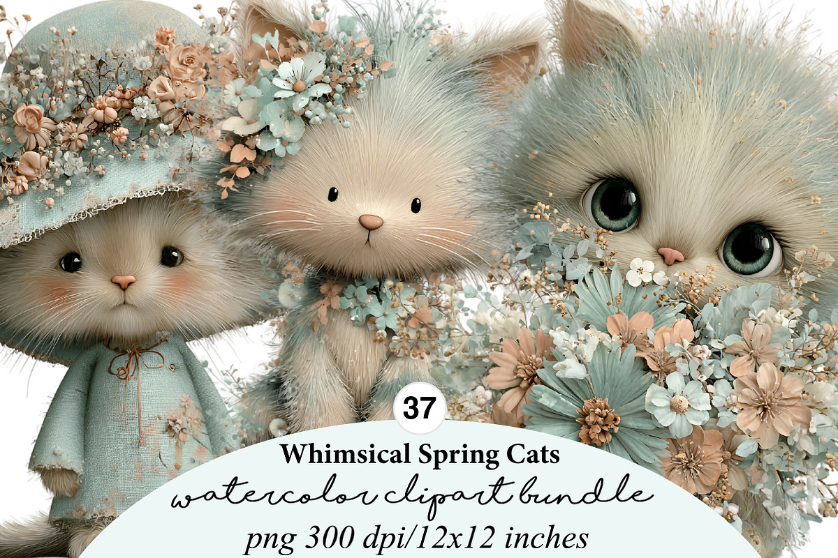 Whimsical Spring Cats Clipart, an Illustration by Digital Artistic99 (Photo 1 of 9)