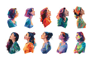 Female portraits low poly vector set, an Object Illustration by Onyx