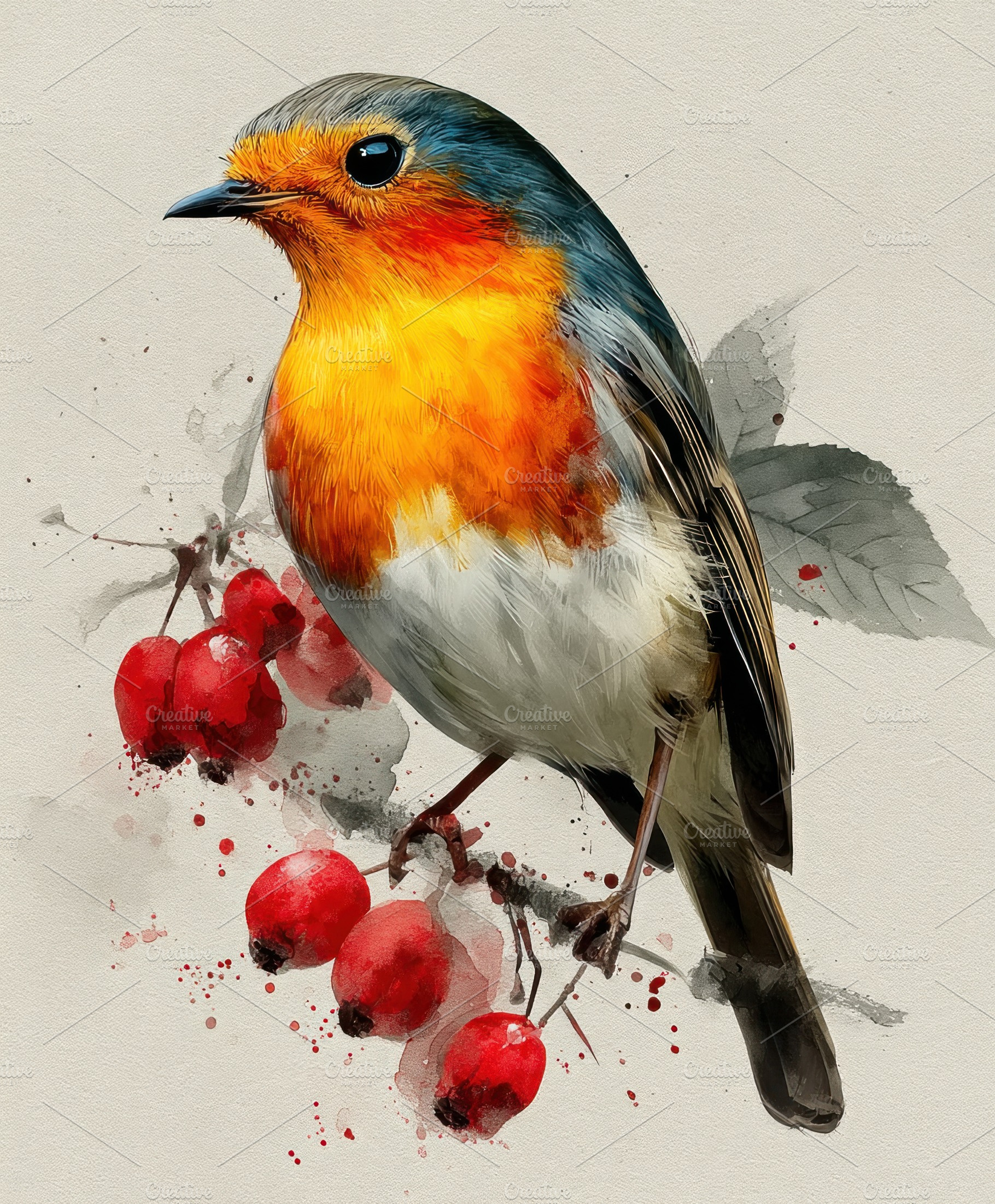 Watercolor robin perched on berry branch with red fruits and sof, an Animal Photo by José Manuel Gelpi