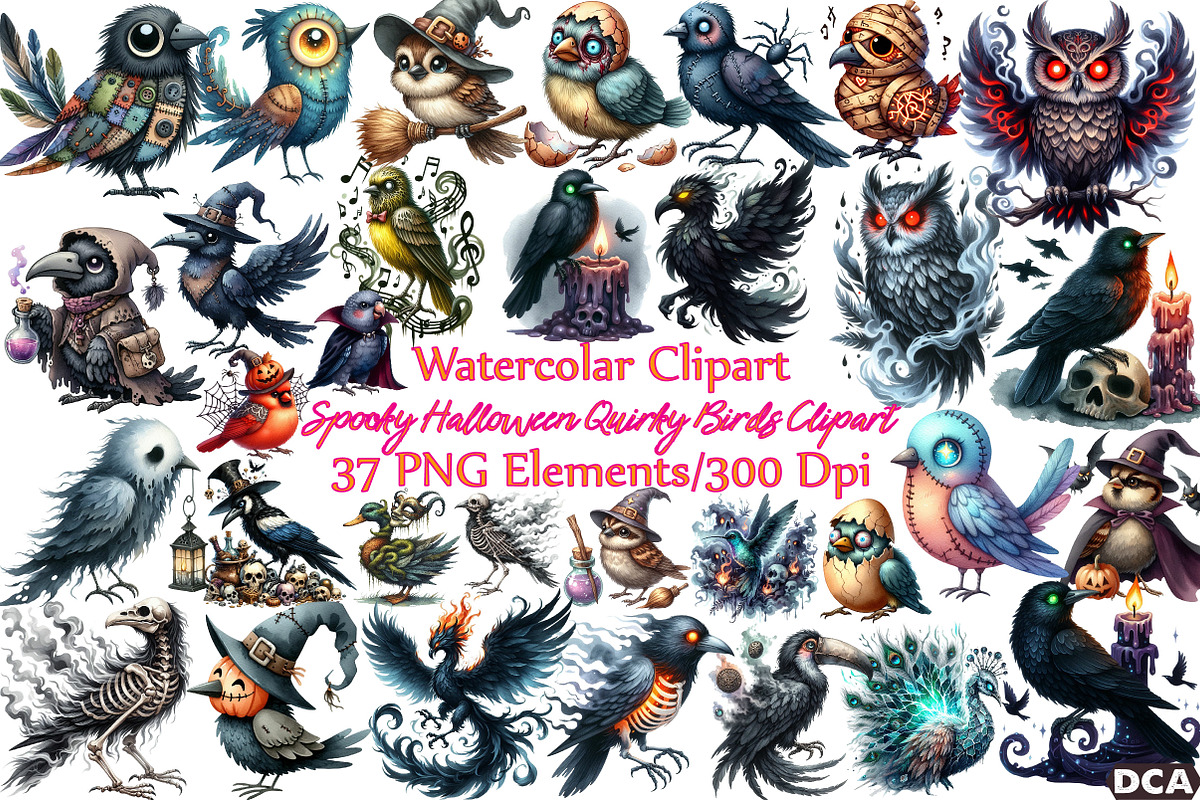 Spooky Halloween Quirky Birds Clipar, an Illustration by DreamCafeArt (Photo 1 of 7)