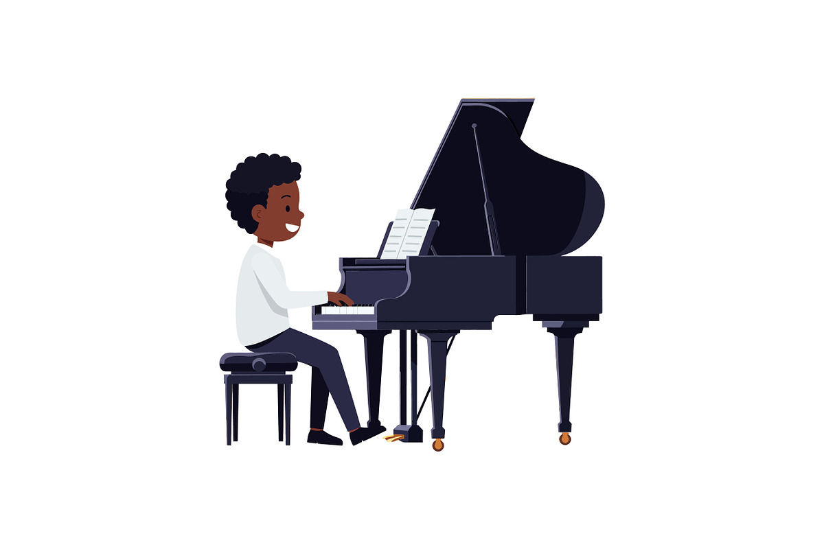 Young boy joyfully playing a grand p, an Illustration by designvectx