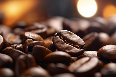 Close up of roasted coffee beans with a warm backlight backgroun, a Photo by Dvoevnore photos