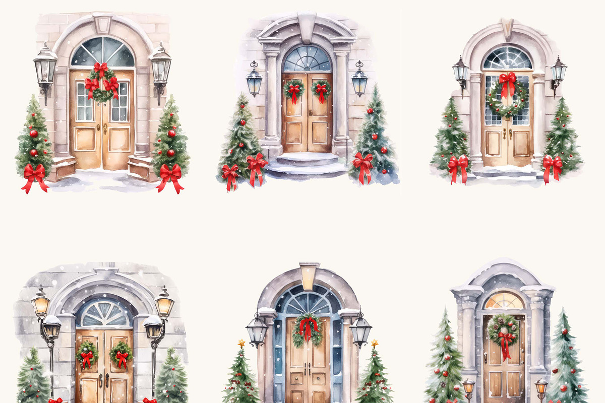 Watercolor Christmas Door Clipart, an Object Illustration by BusyDaydesign (Photo 3 of 7)