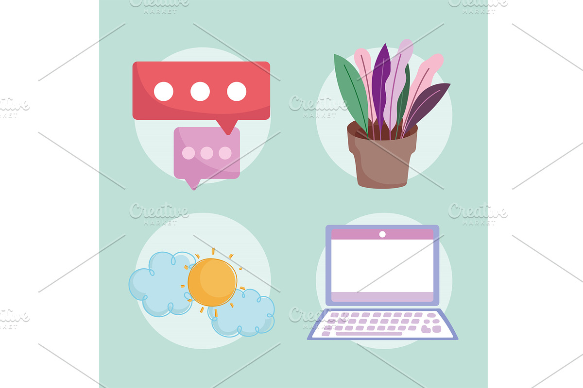 set laptop plant, an Object Illustration by studiogstock