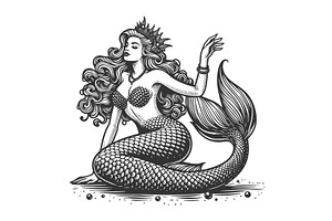 Mermaid With Flowing Hair Engraving