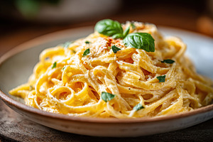 Creamy fettuccine pasta with basil garnish, a Food & Drink Photo by AlyaAnd