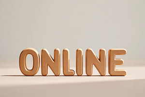 Creative wall poster displaying the word ONLINE in wooden letters with a neutra, a Background Photo by AlyaAnd