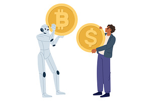 Robot holds cryptocurrency. Man, a Finance Illustration by Vectorbuum