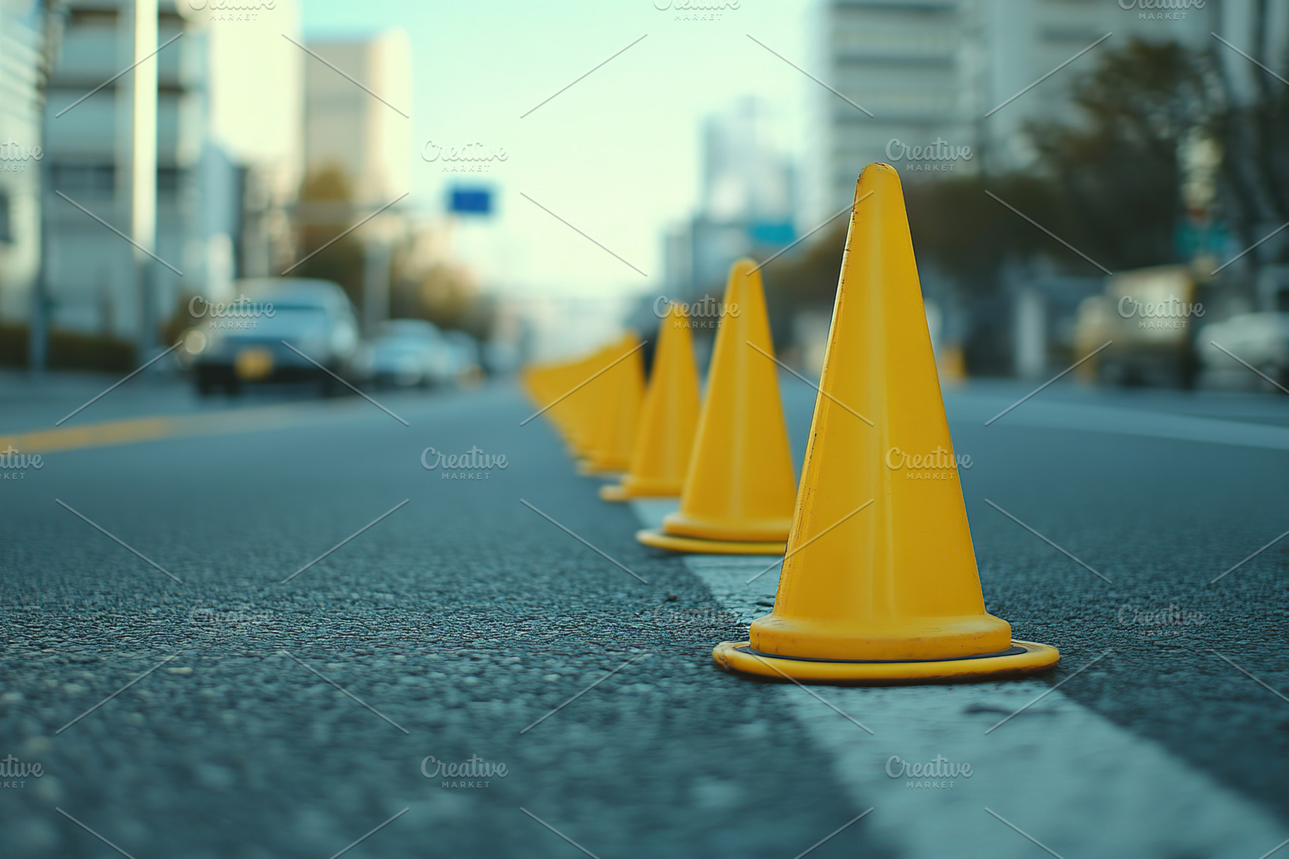 Bright yellow road cones arranged in a clean and orderly fashion, an Industrial Photo by AlyaAnd