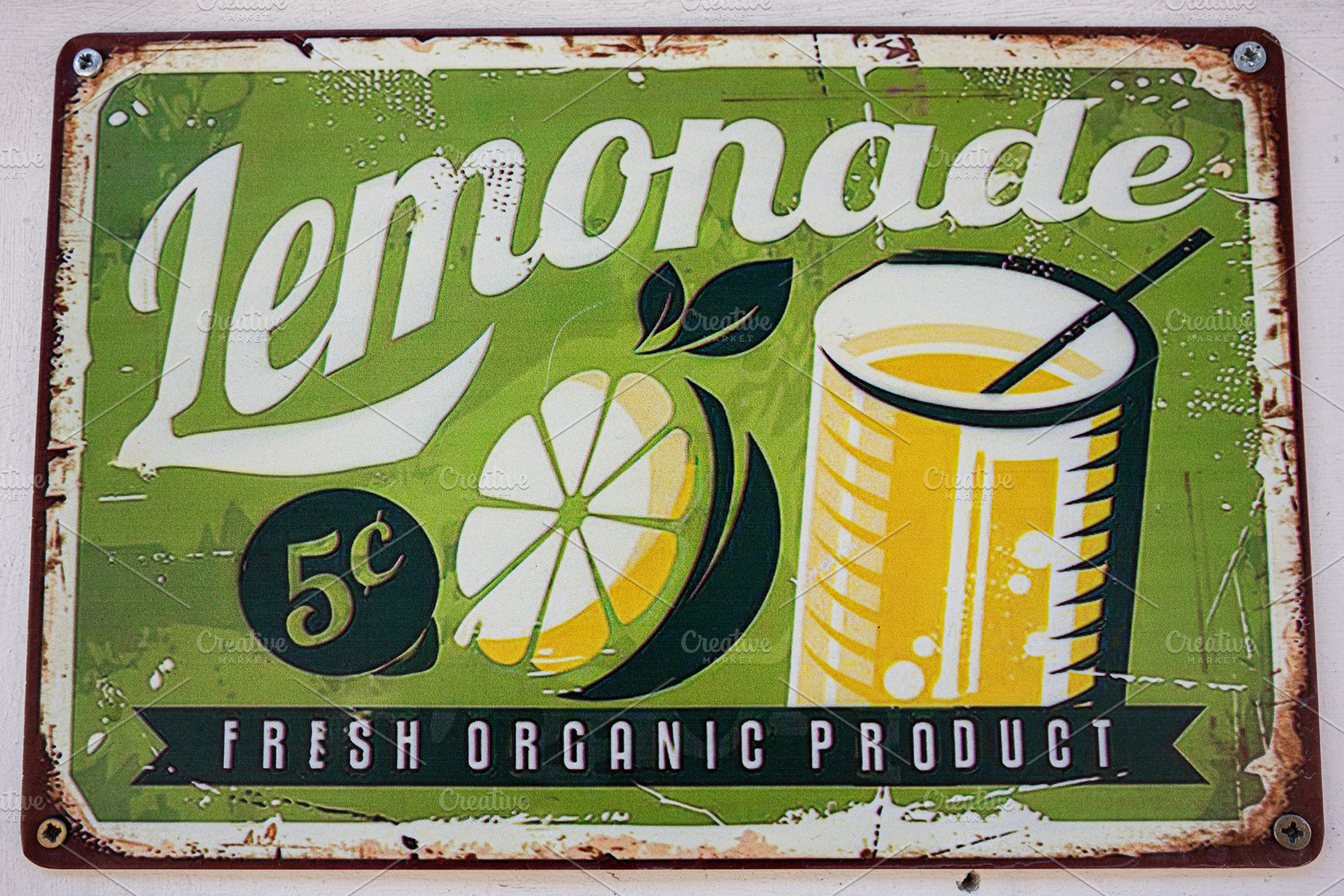 Vintage lemonade sign promoting fresh organic juice with a retro design, a Photo by AS photostudio