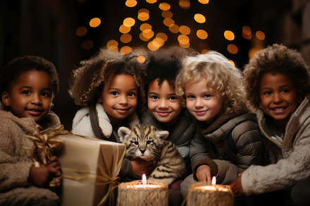 Joyful Children Sharing a Magical Christmas Moment with a Small Tiger Cub, a Photo by AS photostudio