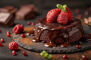 Decadent chocolate dessert topped with fresh raspberries on a da, a Food & Drink Photo by ImageMir