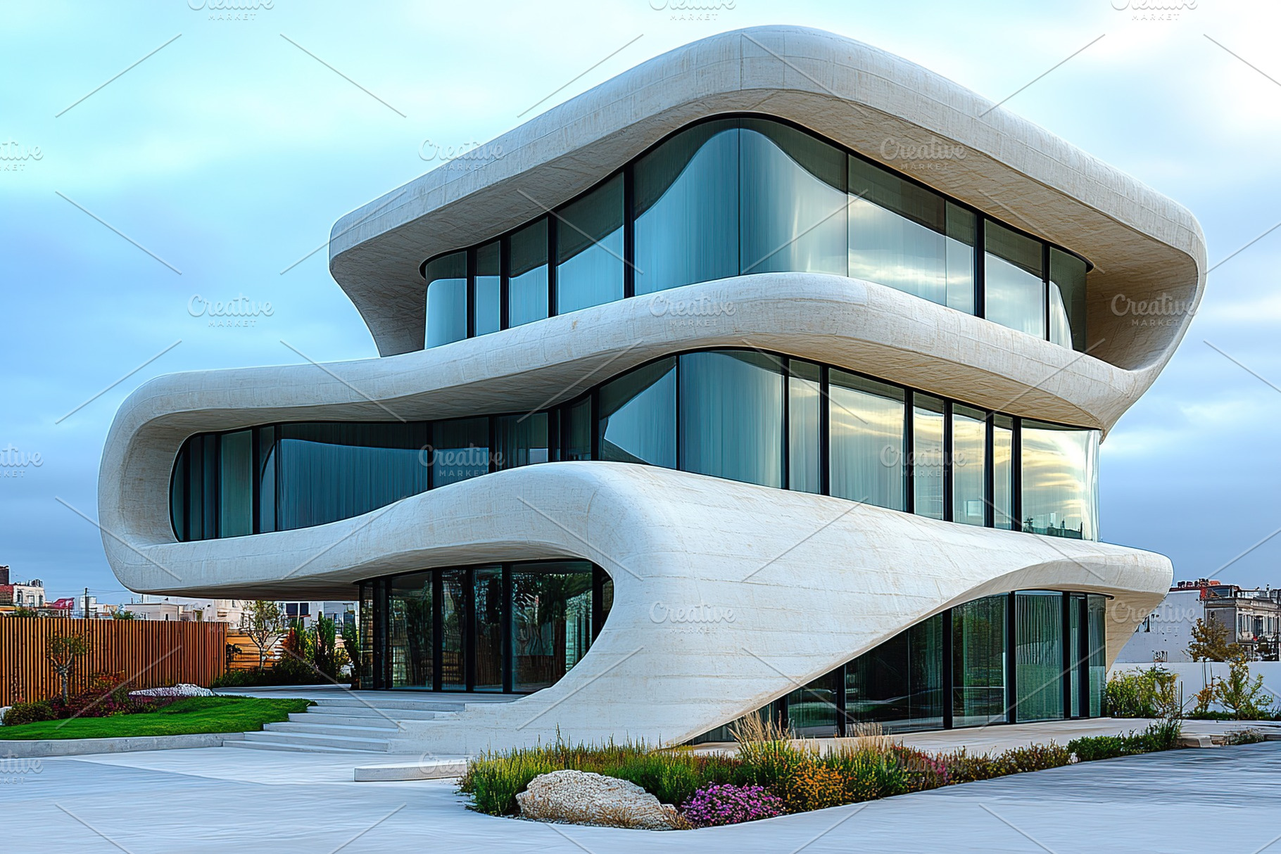 Beautiful futuristic facade of house building, an Architecture Photo by AlyaAnd