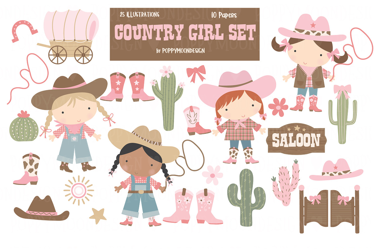 Country Girl clipart & paper set, an Illustration by Poppymoondesign (Photo 1 of 5)
