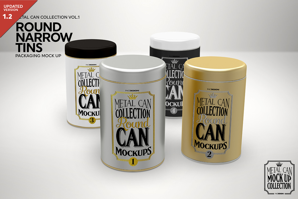 Round Narrow Tins Packaging Mockup, a Cups & Container Mockup by INCDesign (Photo 1 of 6)