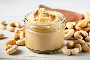 Glass jar with cashew butter on wooden table, a Food & Drink Photo by AlyaAnd