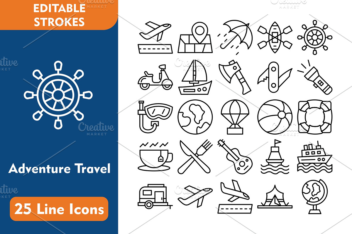 25 Adventure Travel Line Icons, an Icon by Pexelpy