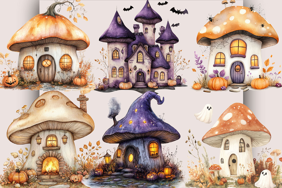 Halloween Mushroom Houses Clipart, a Seasonal Illustration by SVGArt (Photo 2 of 5)