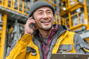 Smiling  asian engineer working at industrial site with clipboard and communica, an Industrial Photo by AS photostudio
