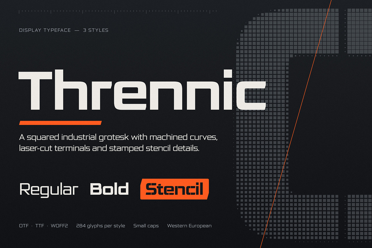 Thrennic: Industrial Tech Font, a Sans Serif Font by Build Interactive (Photo 1 of 7)