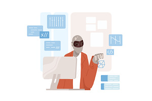 Robot working at computer, a Technology Illustration by Good Studio